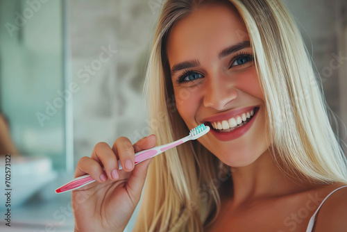 beautiful young woman with toothbrush in bathroom, teeth care concept