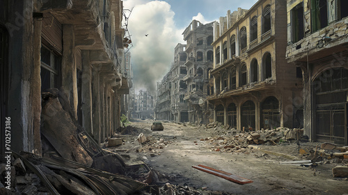 streets of a destroyed city after the bombing, military operations photo