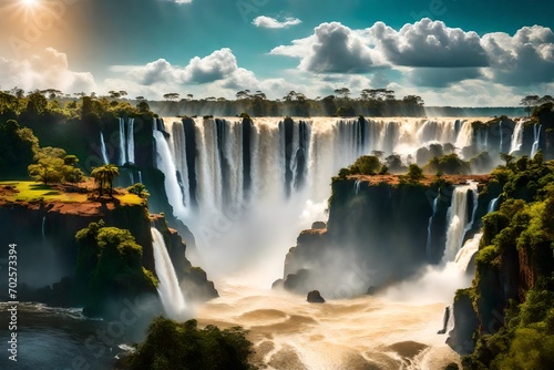 Two fairy powerful waterfalls from Iguazu Falls in Argentina. The Andean condors are circling in the sky above the water. The concept of extreme and ecological tourism photo