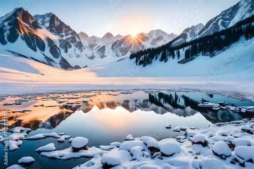 Snow mountain range reflects in a pond surrounded with snow field during sunrise