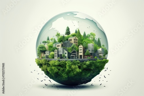 A serene spherical landscape with houses nestled among lush trees © AdriFerrer