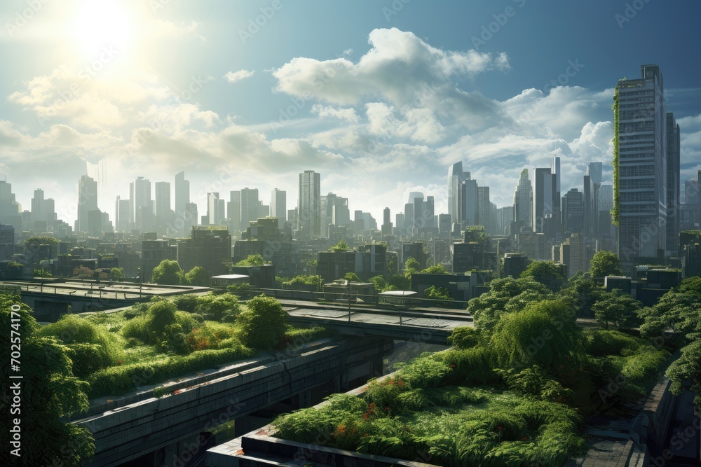 Obraz premium Stylized cityscape with green buildings under a cheerful sky