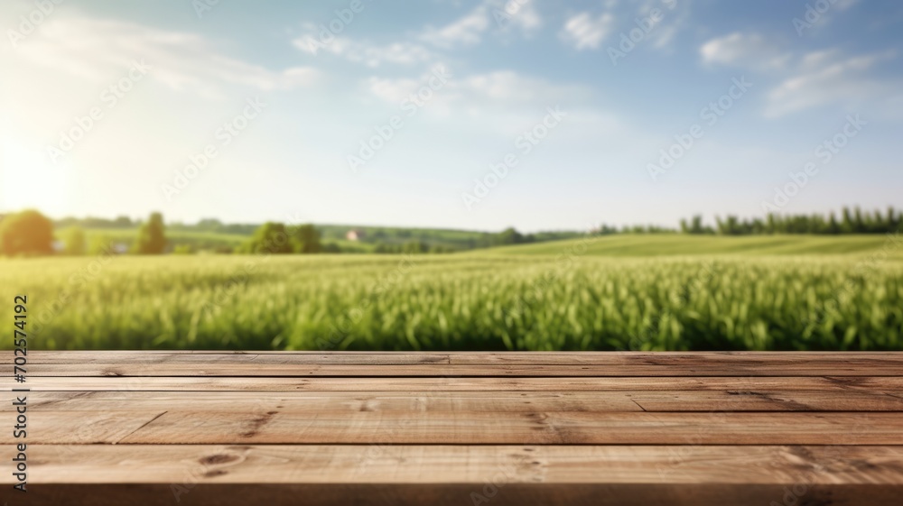 The empty wooden brown table top with blur background of farmland and blue sky. Exuberant image. generative ai - obrazy, fototapety, plakaty 