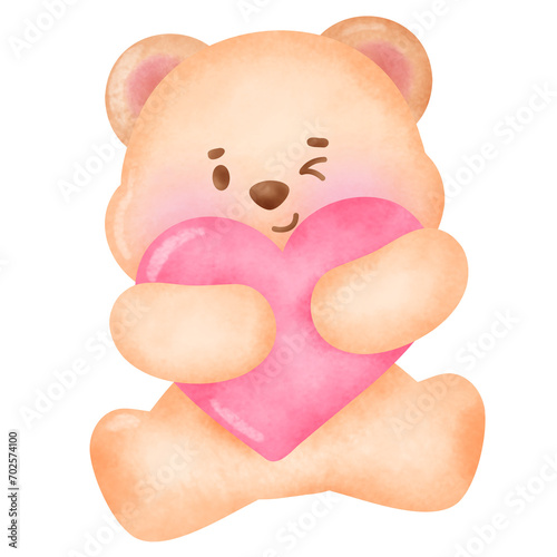 Hand painted watercolor teddy bear with big heart  for Valentine's day card or romantic post cards.
