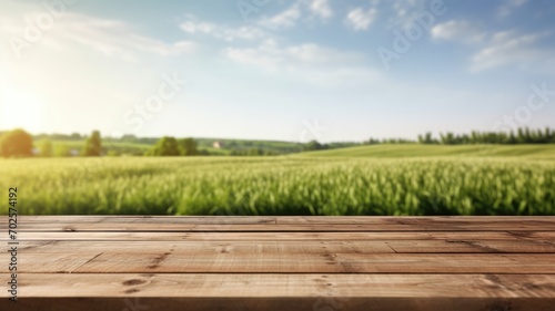 The empty wooden brown table top with blur background of farmland and blue sky. Exuberant image. generative ai photo
