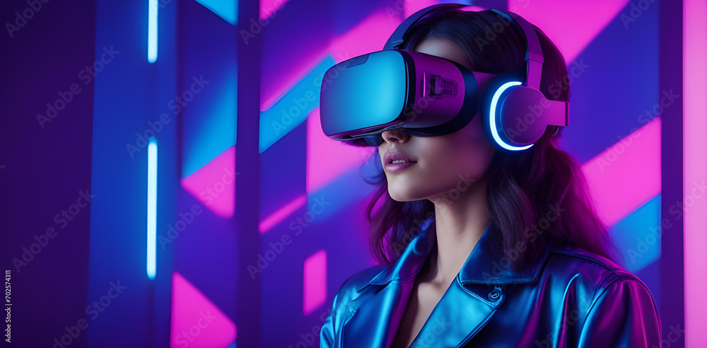 women using VR Virtual Reality headset in the abstract cyberpunk. women using VR Virtual Reality headset in the abstract cyberpunk.