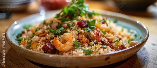 Fried rice with Chinese sausage, shrimp, peanuts, and coriander. photo