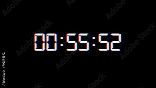 One minute digital clock countdown timer of glowing led white digits on Bad TV background. 60 Seconds Stopwatch. LCD display or CRT monitor Screen. 