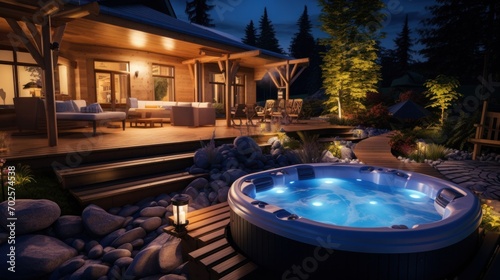 Jacuzzi on terrace of Luxury Hotel  wine glasses and fruit platter. Spa complex  vacation and traveling concept