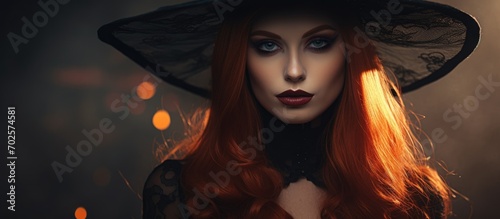 Red-haired woman with dark witch's hat and gothic make-up celebrating All Saints' Day in art design.