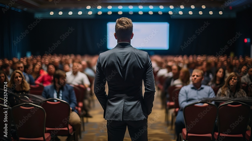 Back view of a confident and charismatic speaker addressing a diverse audience of business leaders at a global leadership Back view of a confident and charismatic speaker addressing a diverse audience of business leaders at a global leadership