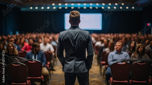 Back view of a confident and charismatic speaker addressing a diverse audience of business leaders at a global leadership