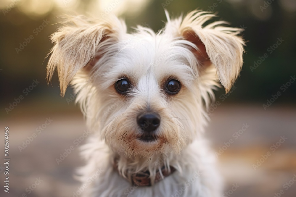 A small white dog with dirty fur. A small dog lives on the street without an owner. Keeping and protecting animals on the street. Animal care