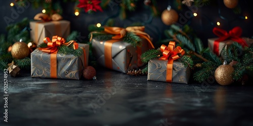 Christmas gifts and decorations on a dark background