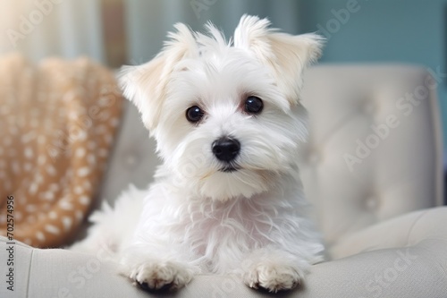 A small white dog is sitting on a bright sofa in the room. My favorite dog is the Maltese lapdog. Keeping animals in the house