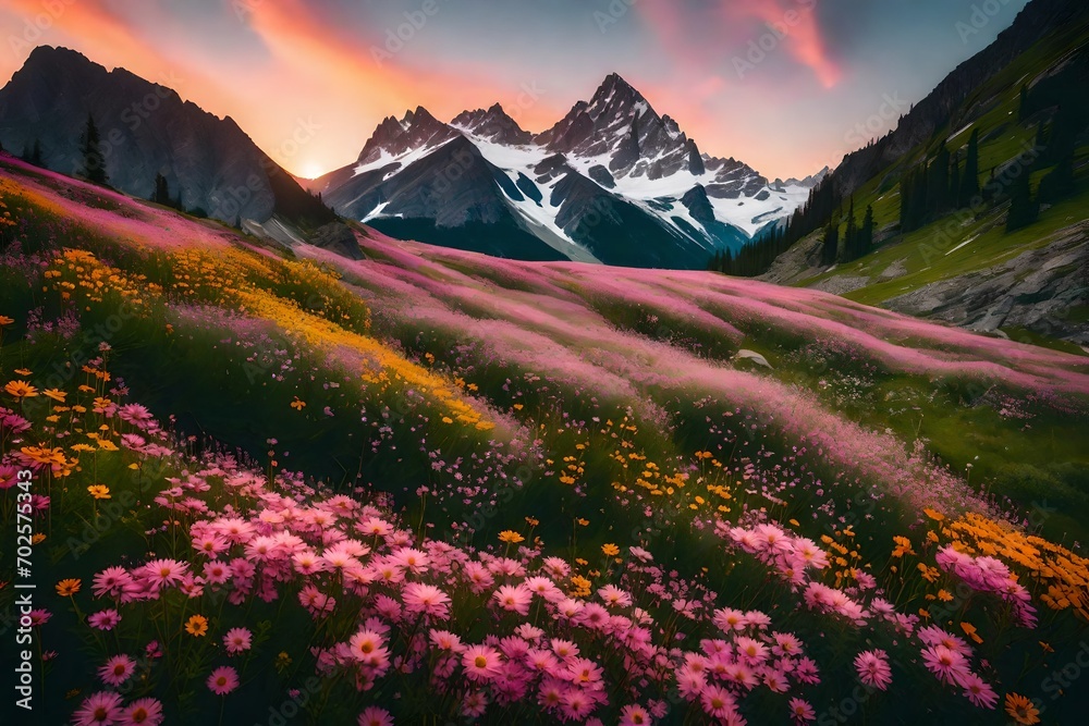 An alpine landscape featuring a rugged mountain peak with steep, dramatic cliffs. In the foreground, there’s a lush meadow of vibrant wildflowers, with white and pink petals open towards the sky.