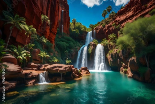 A secluded waterfall oasis nestled within a rugged canyon. The waterfall cascades down a red rock cliff into a crystal-clear blue pool surrounded by lush greenery.