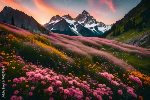 An alpine landscape featuring a rugged mountain peak with steep, dramatic cliffs. In the foreground, there’s a lush meadow of vibrant wildflowers, with white and pink petals open towards the sky.