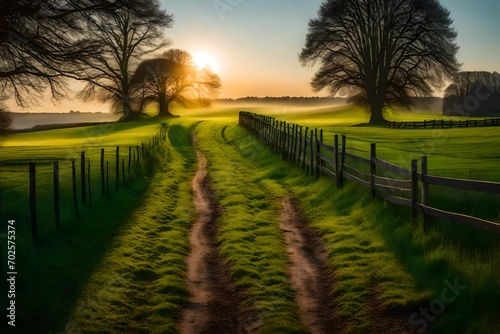 A rural scene at sunrise with a vibrant green pasture. A gravel path leads through the field, flanked by a wooden fence, leading towards a line of trees on the horizon. 