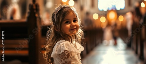 Child christening ceremony in church with little girl. photo