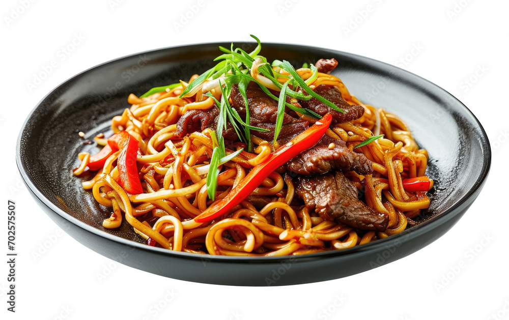 Black plate with noodles with beef isolated on transparent background Black plate with noodles with beef isolated on transparent background