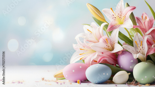 Tela Fancy fresh easter lillies with colorful easter eggs, room for copyspace