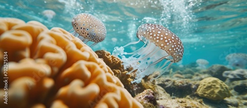Caribbean sea showcasing spotted jellyfish and brain coral underwater. photo