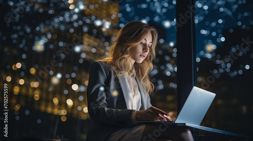 Businesswoman working on a laptop and analyzing graphs in a dark office