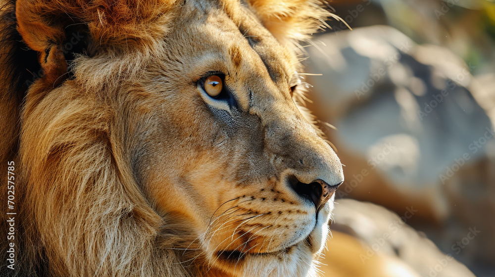 Fototapeta premium Portrait of a lion on a savanna background.