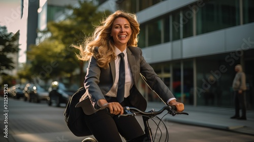 Joyful businesswoman commuting on a bicycle to work in urban setting - city lifestyle and sustainable transportation concept © Ameer