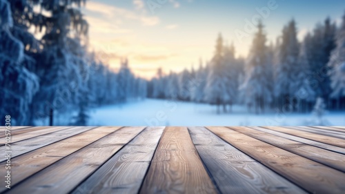 The empty wooden table top with blur background of winter in Finland. Exuberant image. generative AI © Summit Art Creations
