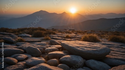Golden Sunrise over Rugged Terrain, Breathtaking Landscape, Adventure and Exploration Theme, Suitable for Travel Agency Promotional Banner or Inspirational Wall Art © Artem