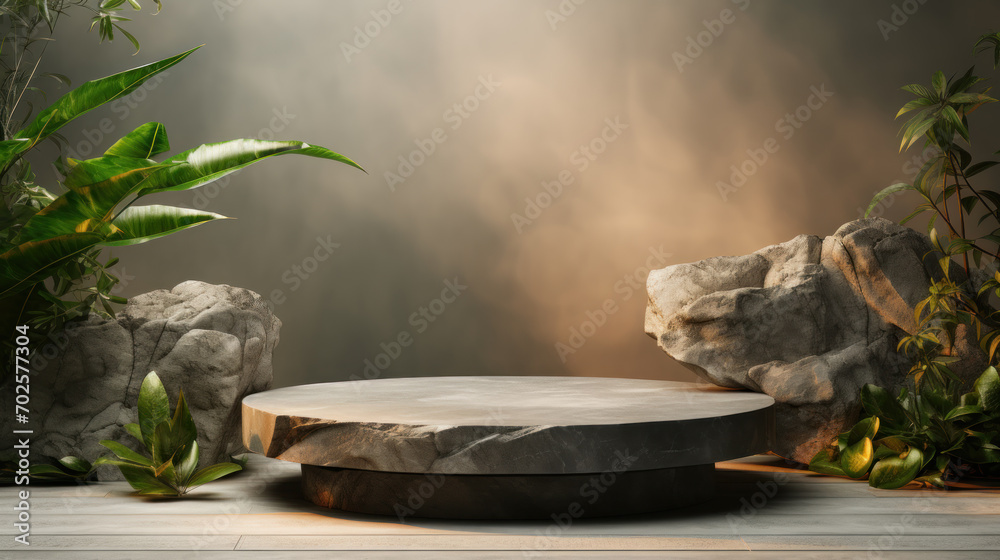 Fototapeta premium Luxury stone as podium with natural plant made of display. Natural showcase scene for presentation placement premium product trendy fashion, cosmetic or beauty promotion. Generative AI