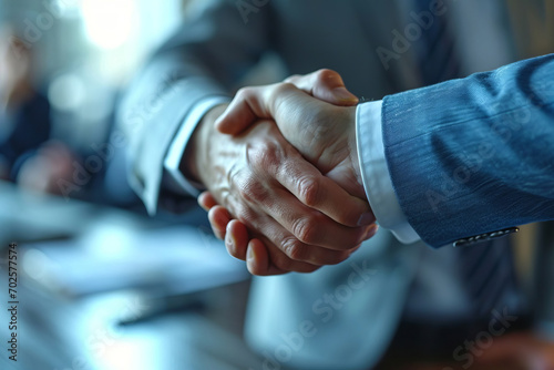 Close-up of two businessmen shaking hands after completing a deal.
