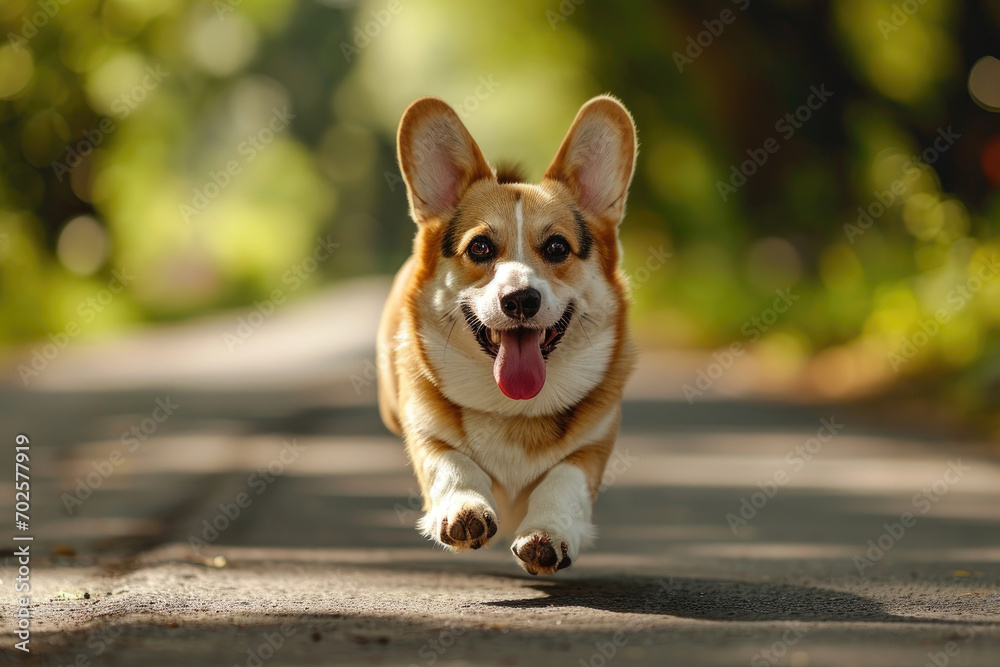 Happy corgi dog running in the park at summer