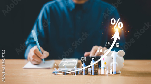 Businessman calculating income, cash return investment. Yield accounting capital, money save, retirement pension, tag fund, stock market inflation, exchange economic. Interest rate dividend concept photo