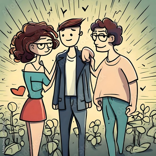 A cartoon illustration of polyamory as a concept showing men and women in a relationship