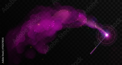 Magic wand with violet glowing shiny trail isolated on black transparent background. Vector illustration photo