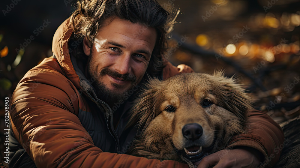 Happy young man with his dog outdoor