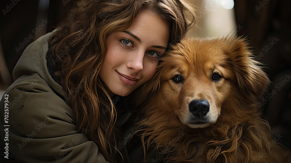 Happy young woman with her dog outdoors