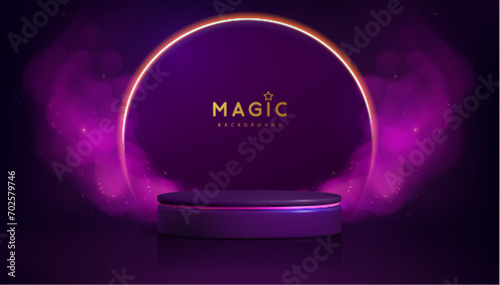 Magic violet showcase background with 3d podium and purpure fog or steam. Glowing shiny trail. Vector illustration