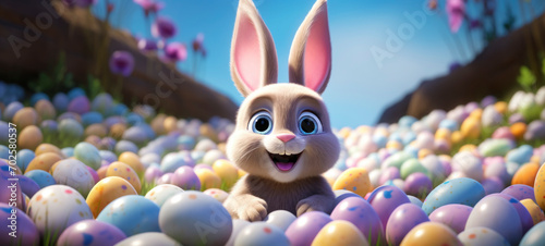 Happy Easter colorful banner with cute cartoon bunny rabbit and a lots of eggs
