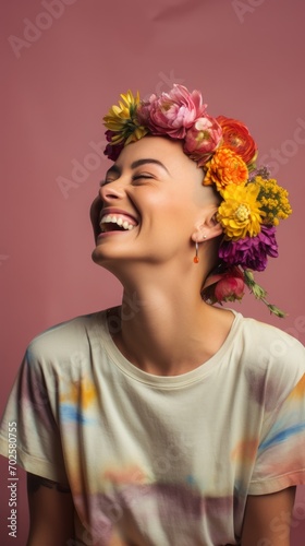 Cinematic scene Side view long shot Flower crown on bald head of european woman Smiling wearing colorful Tshirt