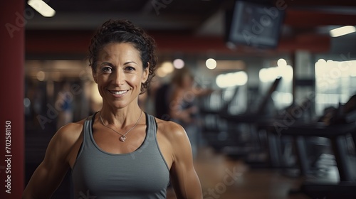 Mature woman in sportswear smiling and holding a yoga mat in a fitness studio