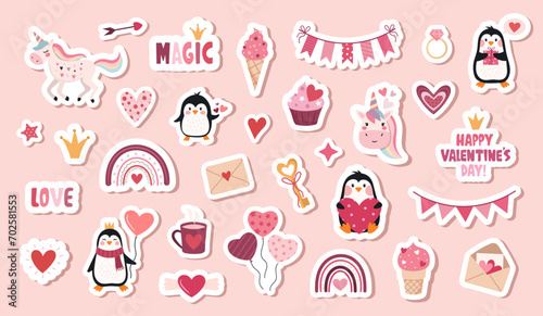 A set of cute hand-drawn Valentine's Day stickers