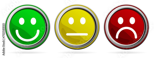 Set of smiley cartoon emoticons icon vector. Red, Green and Yellow silver metallic web buttons. isolated on a white background. Vector symbol design illustration