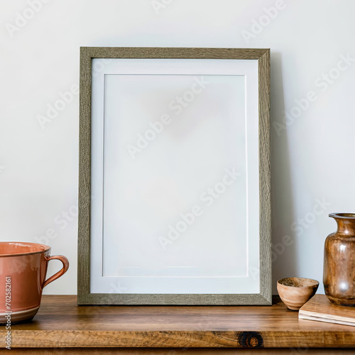 frame on wooden table mockup concept 
