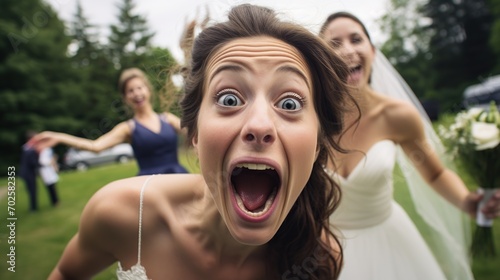Selfie of bride at wedding laughing at camera mouth wide open, smartphone camera style. Bride so proud and happy for her wedding.
