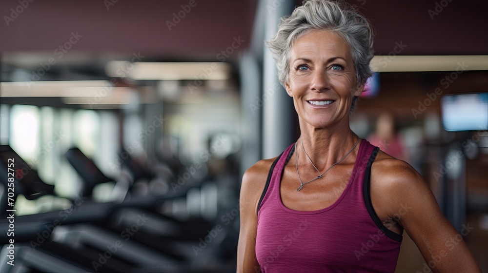 Mature woman in sportswear smiling and holding a yoga mat in a fitness studio