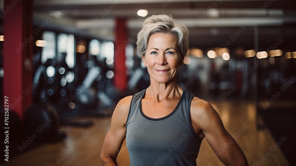 Fototapeta premium Mature woman in sportswear smiling and holding a yoga mat in a fitness studio